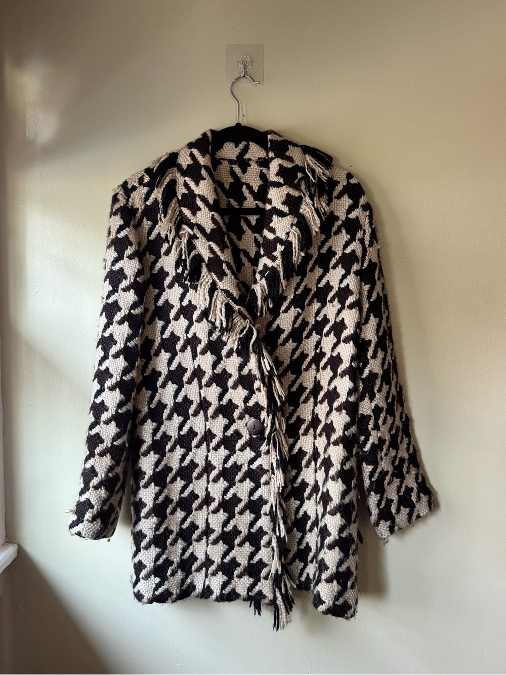 Black, Brown & Cream Houndstooth Knit Coat with Fringe